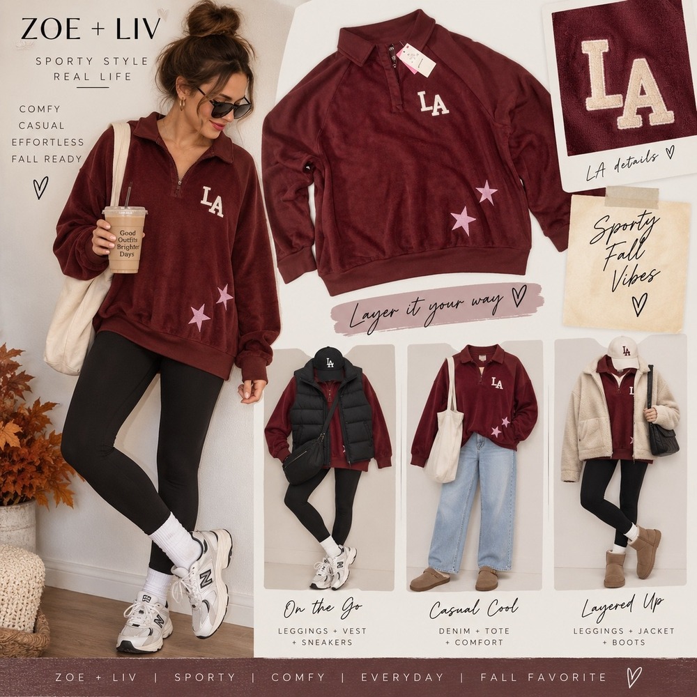 Zoe + Liv Women's LA Star Collared Sweatshirt Burgundy Tawny Port XS